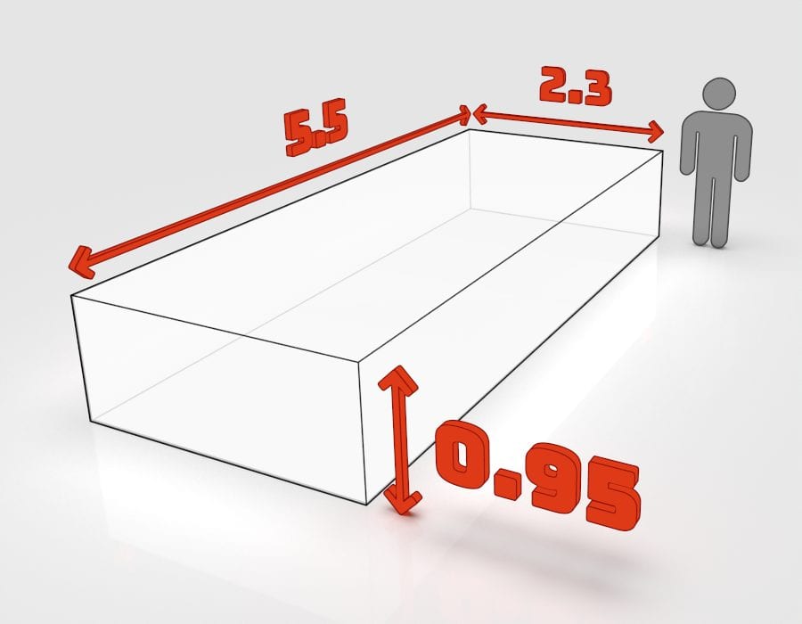 Dimensions de la benne 10 m³ à louer à Colmar : 5,5 × 2,3 × 0,95 m