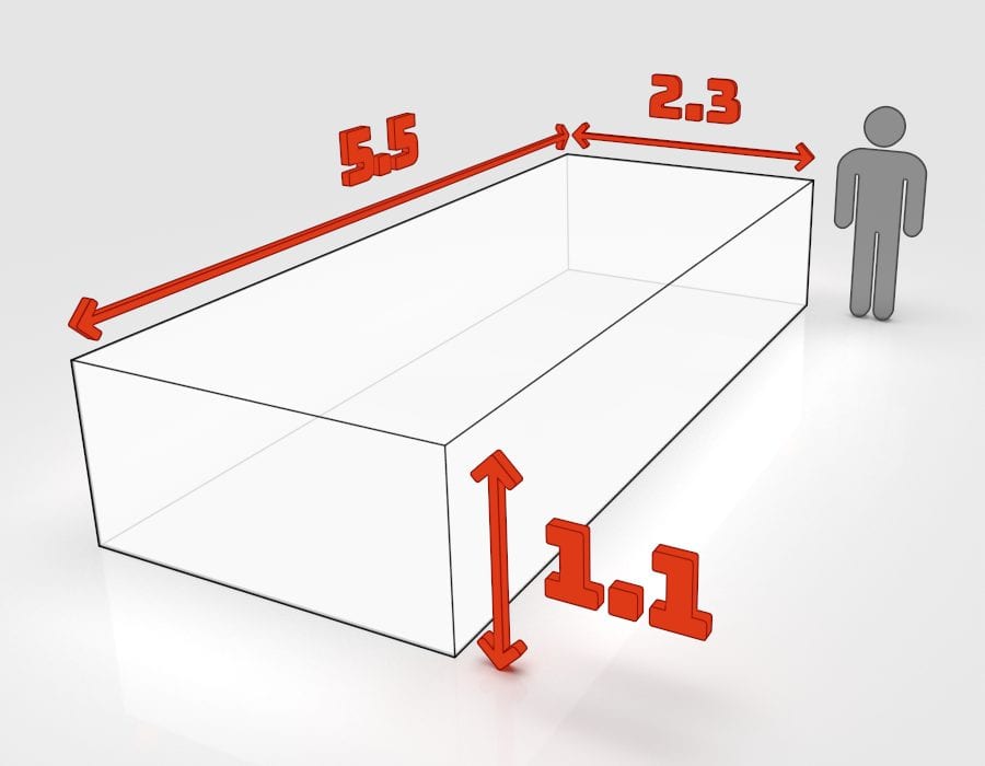 Dimensions de la benne 15 m³ à louer à Colmar : 5,5 × 2,3 × 1,1 m