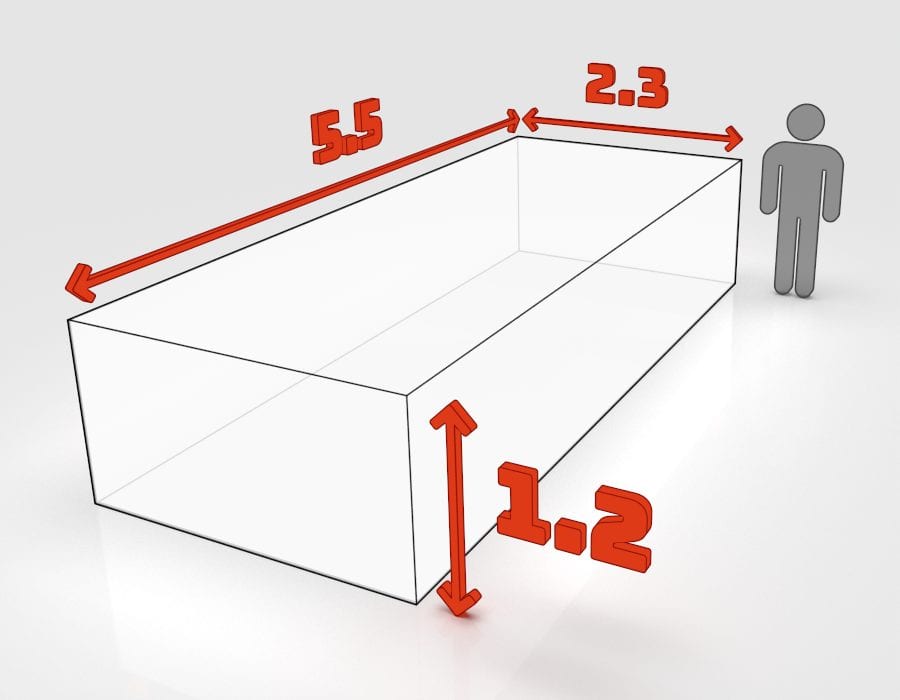 Dimensions de la benne 20 m³ à louer à Colmar : 5,5 × 2,3 × 1,2 m