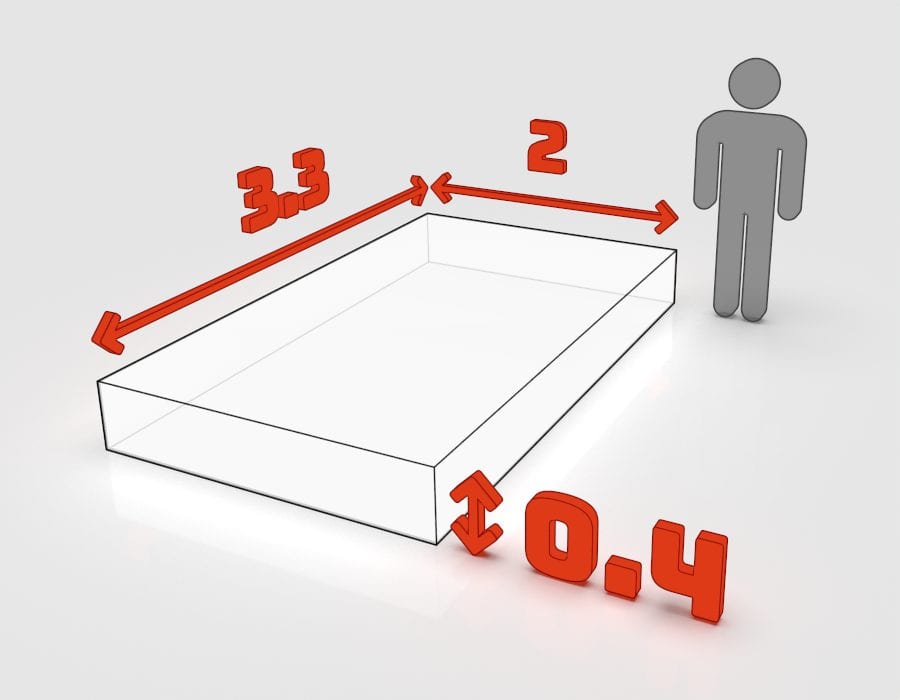 Dimensions de la benne 3 m³ à louer à Colmar : 3,3 × 2 × 0,4 m